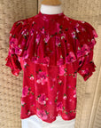 Rayon Ruffle Blouse with High Collar, Puff Sleeves