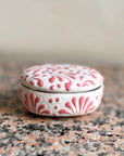 Small Glazed Oval Dish with Lid - Pink + White