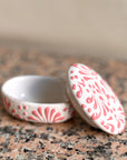 Small Glazed Oval Dish with Lid - Pink + White