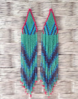 Native American - Long Beaded Feather Earrings - 2 Color Ways