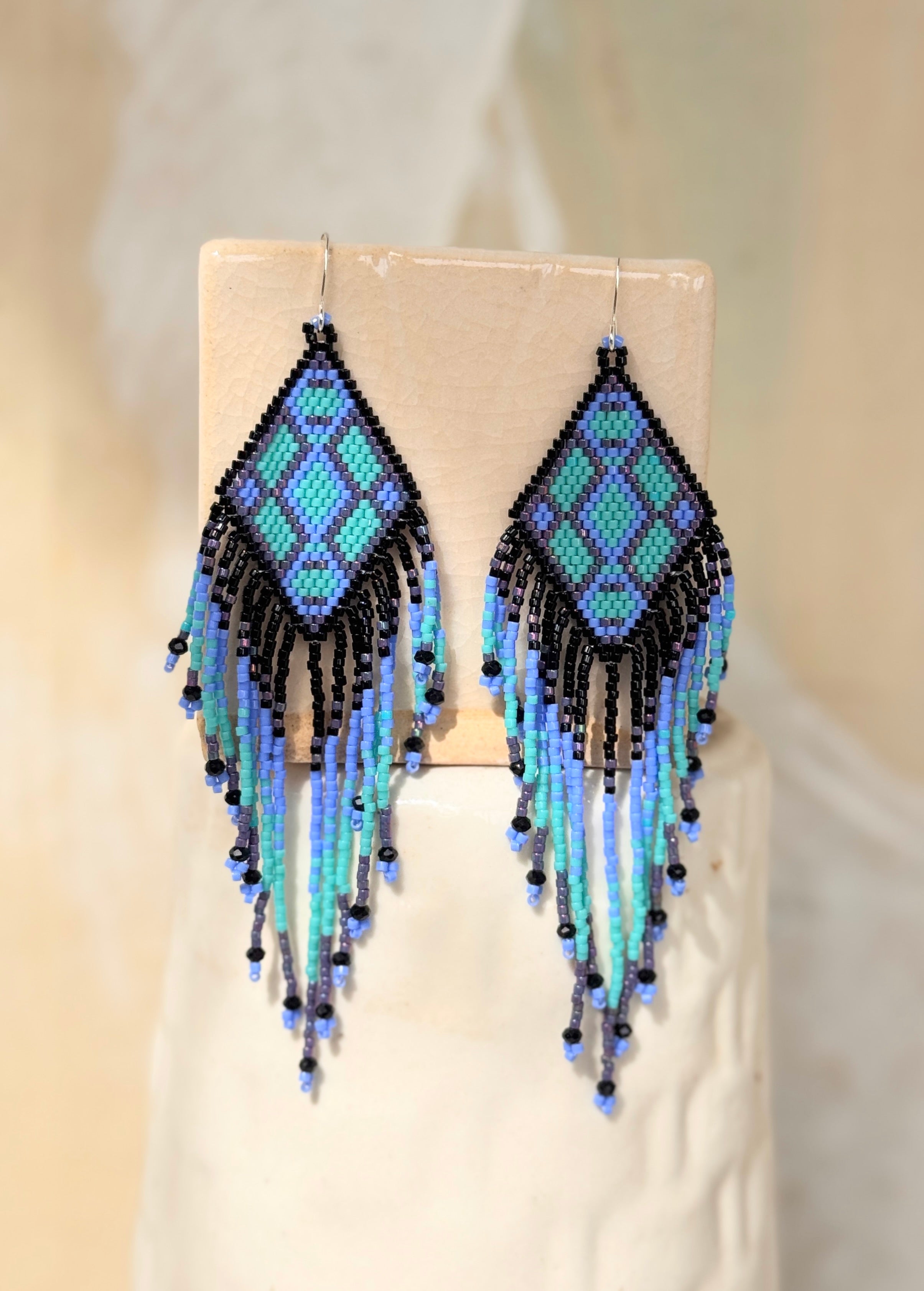 Native American - Beaded Feather Earrings Japanese Glass Seed Beads - Sky