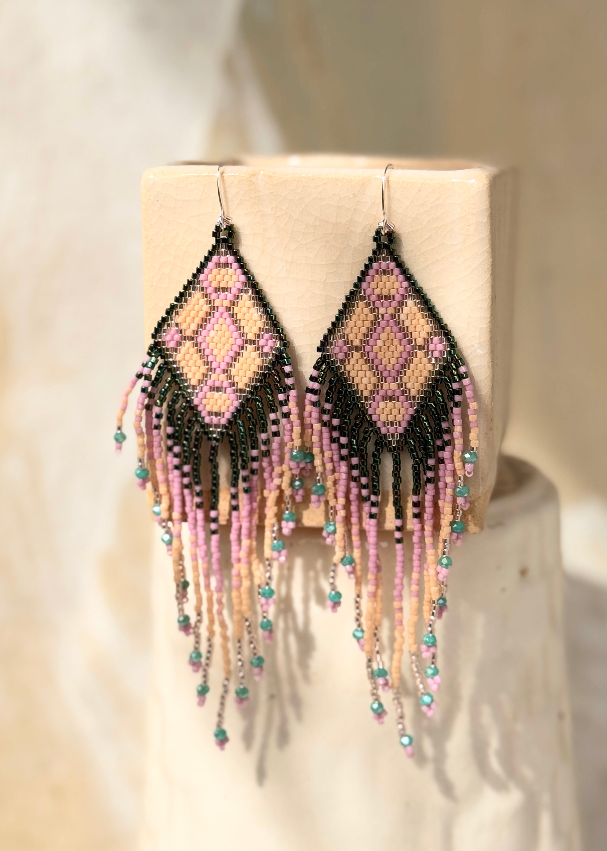 Native American - Beaded Feather Earrings Japanese Glass Seed Beads - Rose Gold