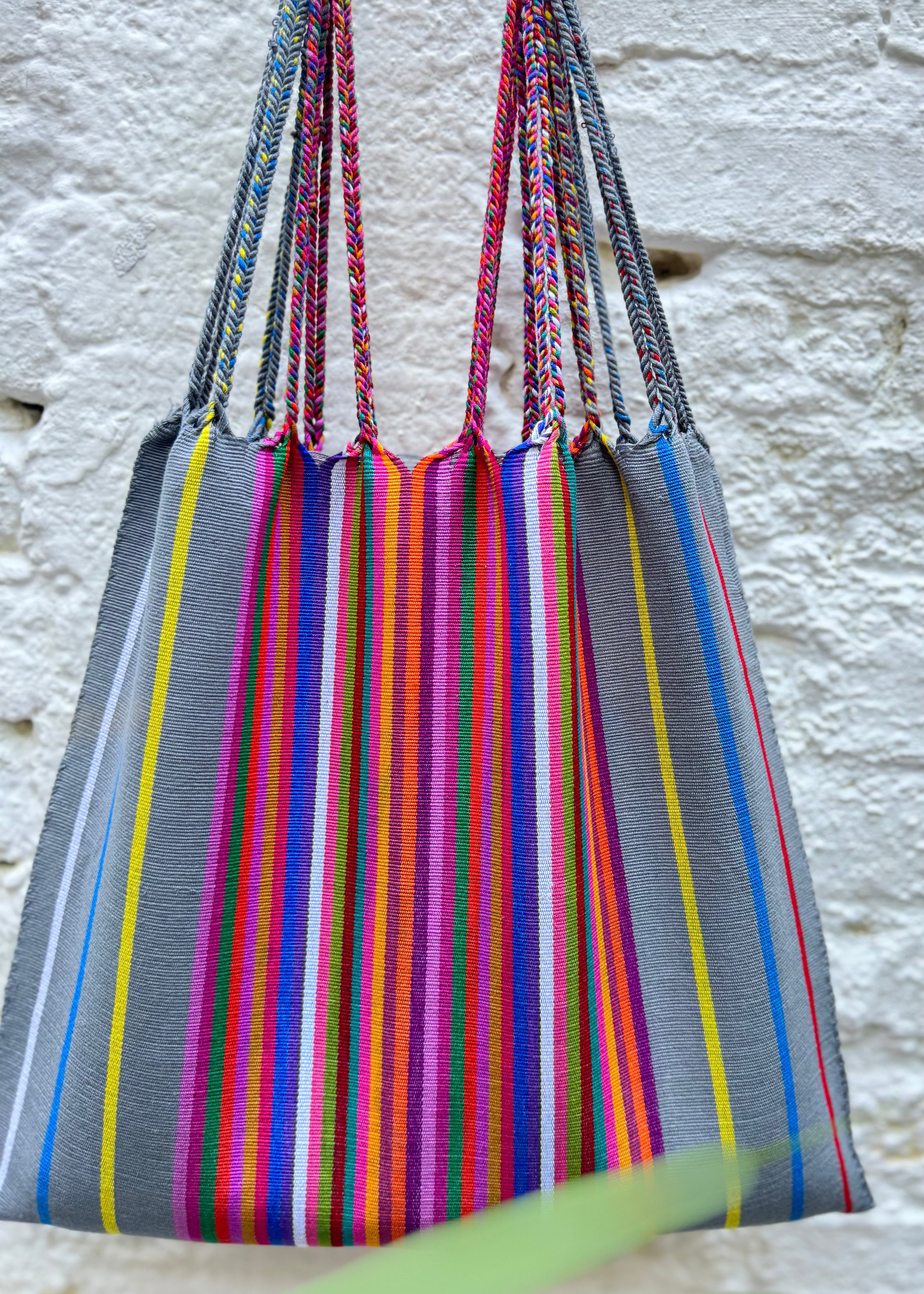 Hand Woven - Las Rayas Tote - Grey with Rainbow Stripe