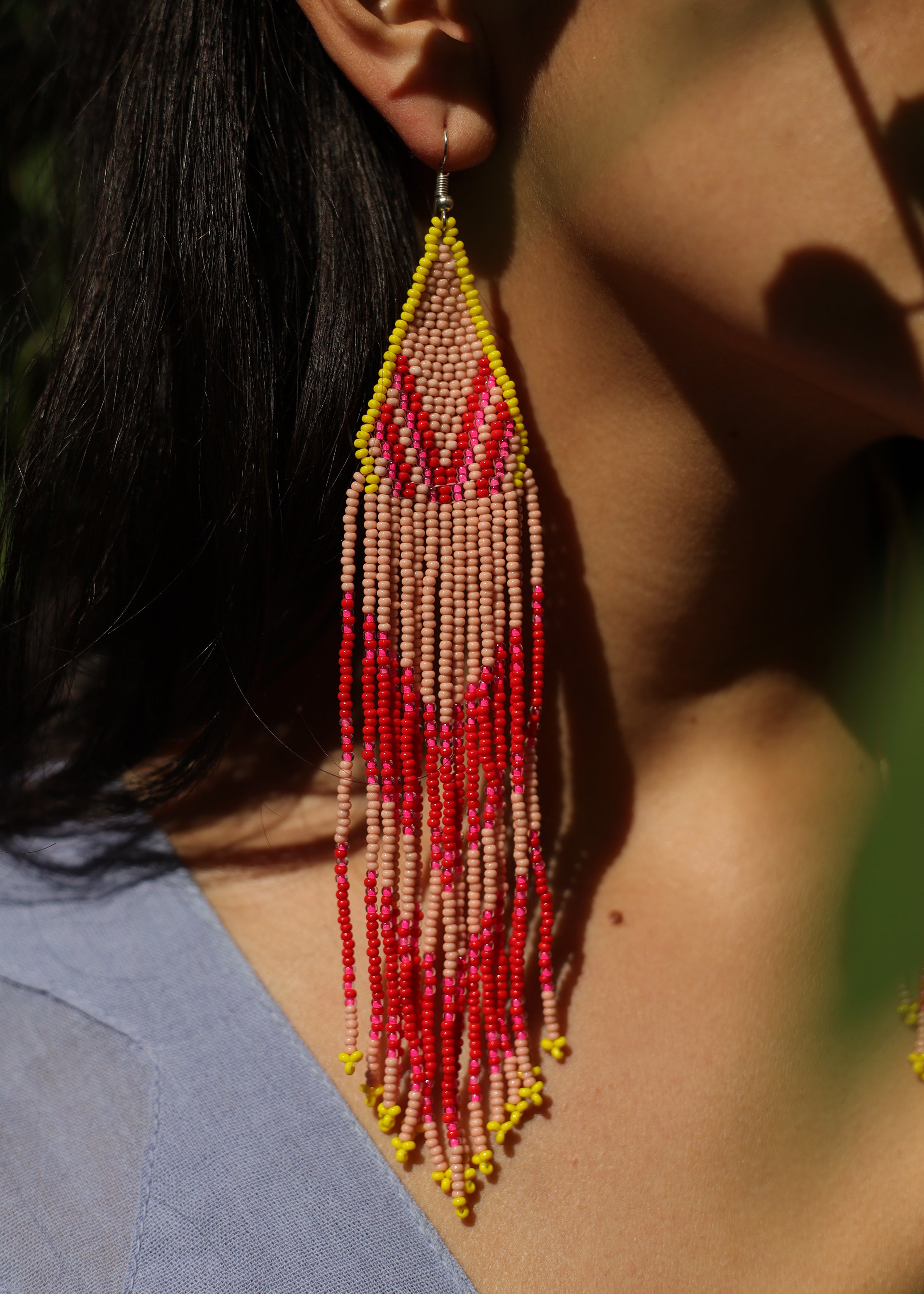 Native American - Long Beaded Feather Earrings - 2 Color Ways
