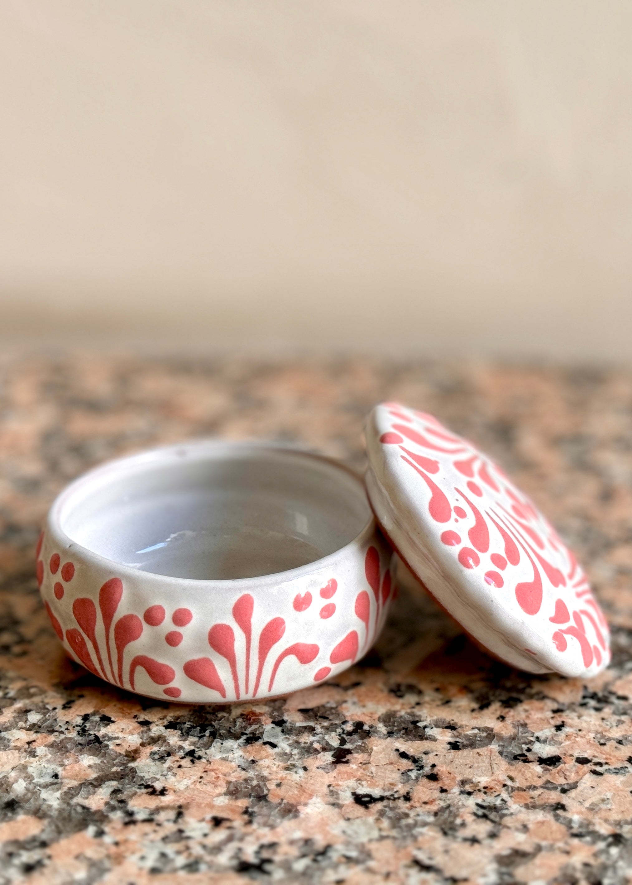 Small Glazed Dish with Lid - Pink + White