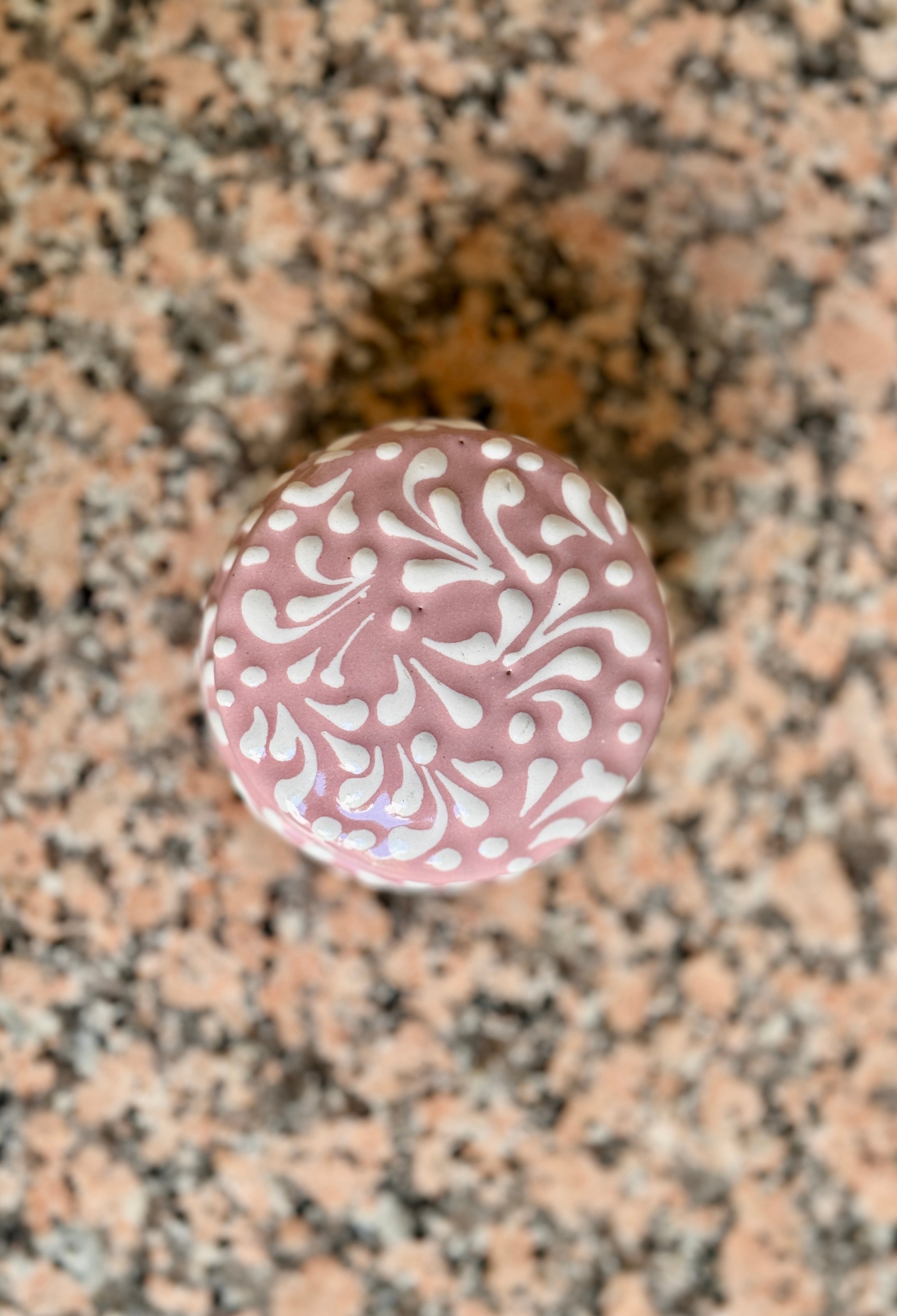 Small Glazed Round Dish with Lid - Mauve + White