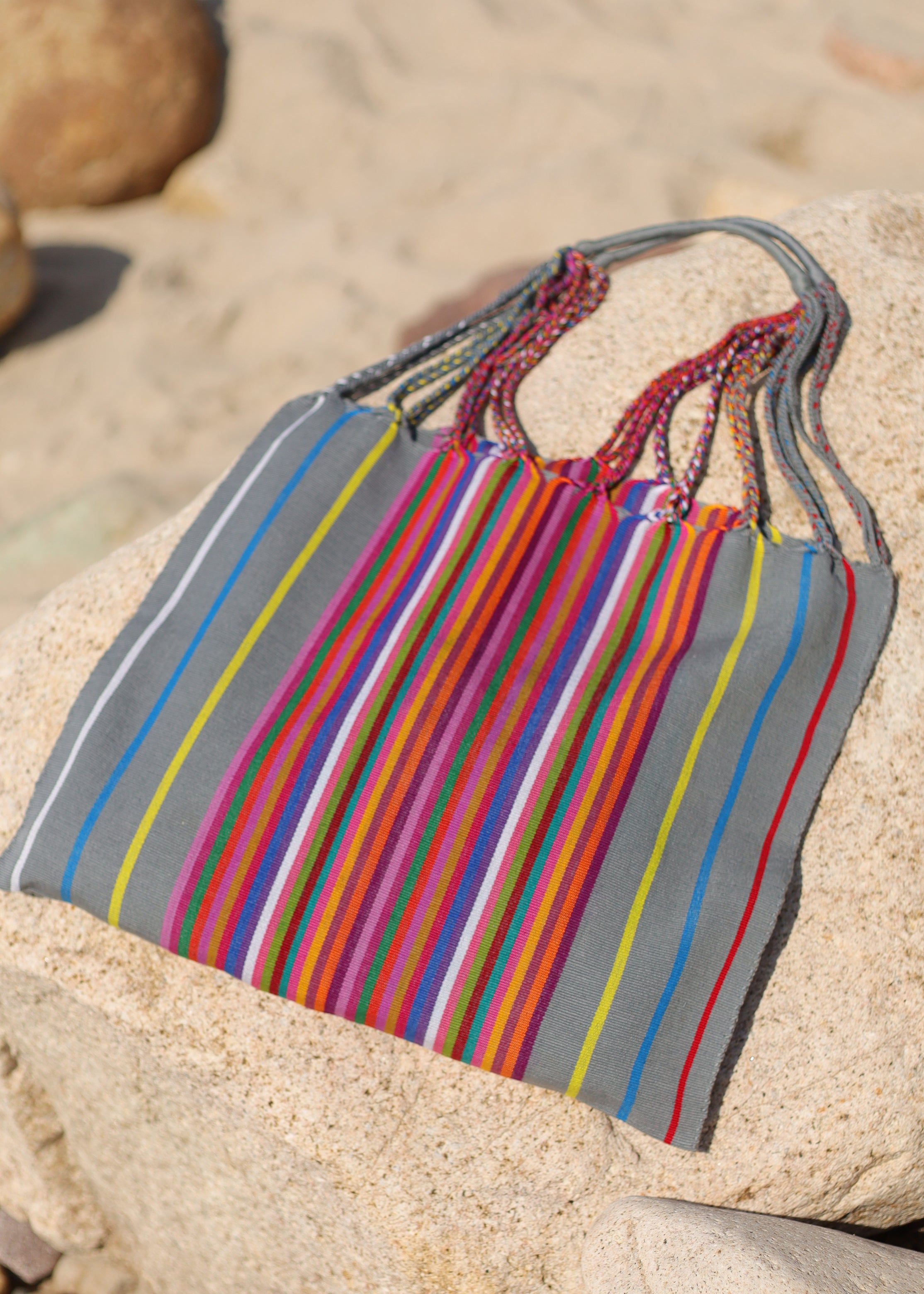 Hand Woven - Las Rayas Tote - Grey with Rainbow Stripe