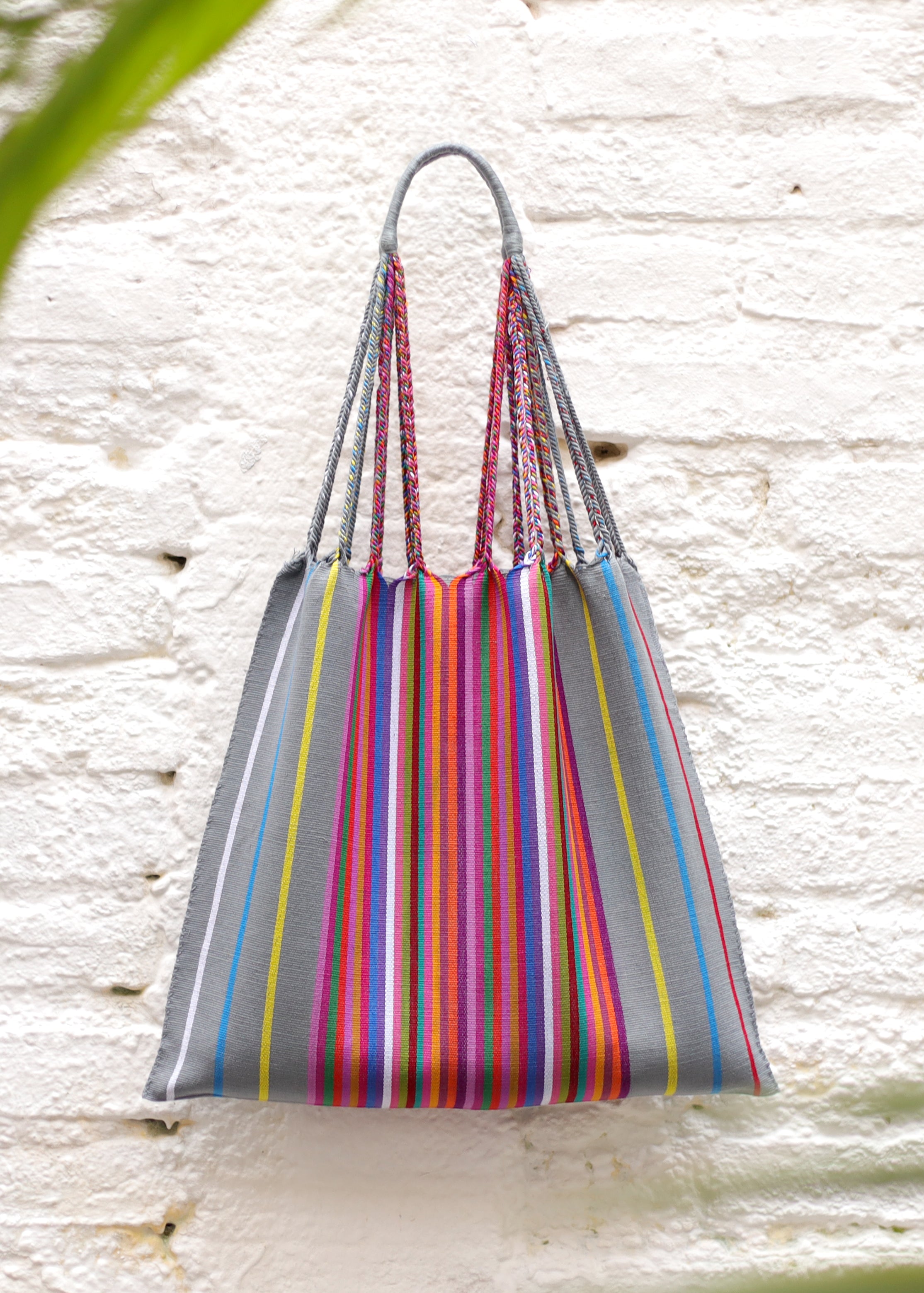 Hand Woven - Las Rayas Tote - Grey with Rainbow Stripe