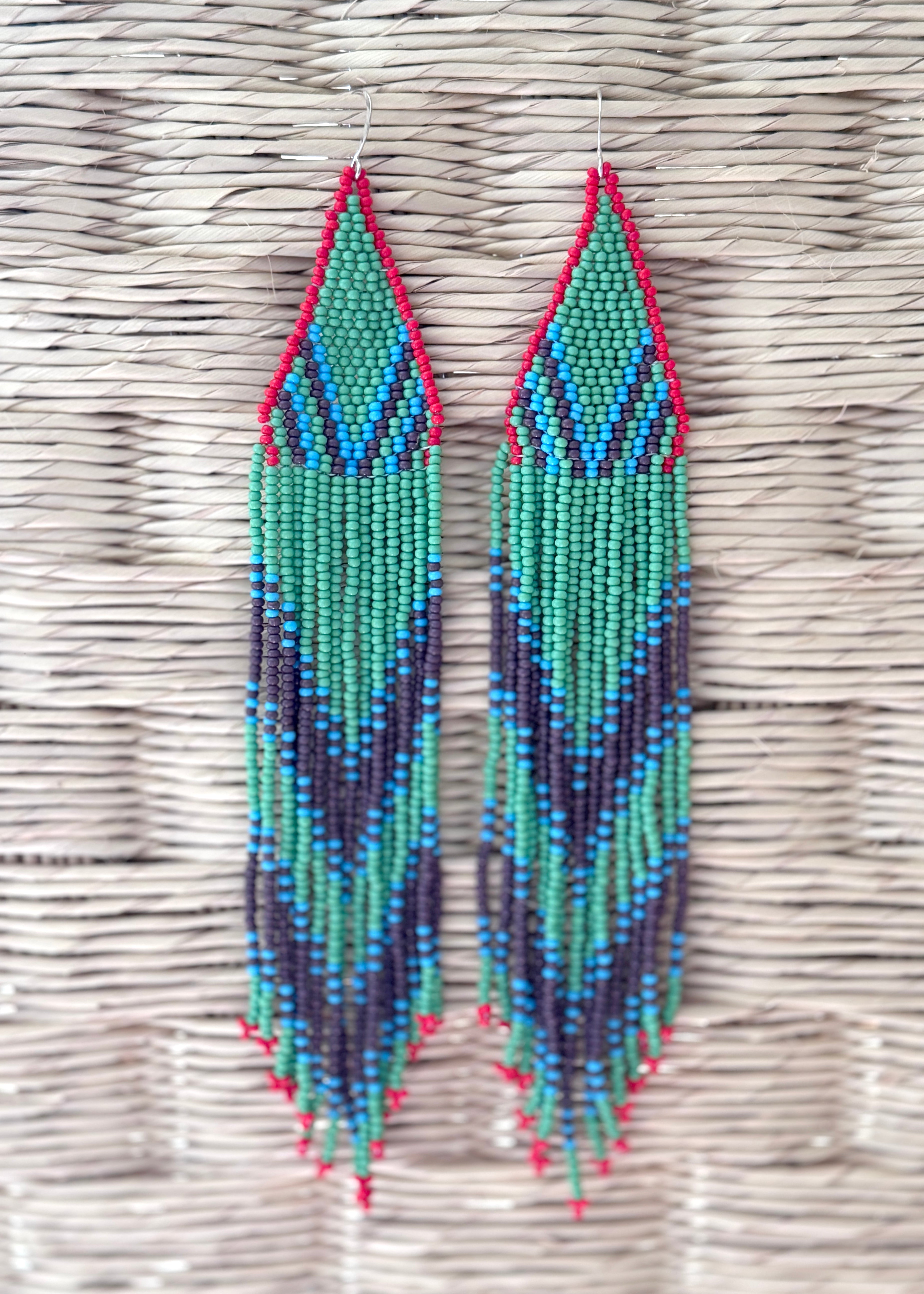 Native American - Long Beaded Feather Earrings - 2 Color Ways